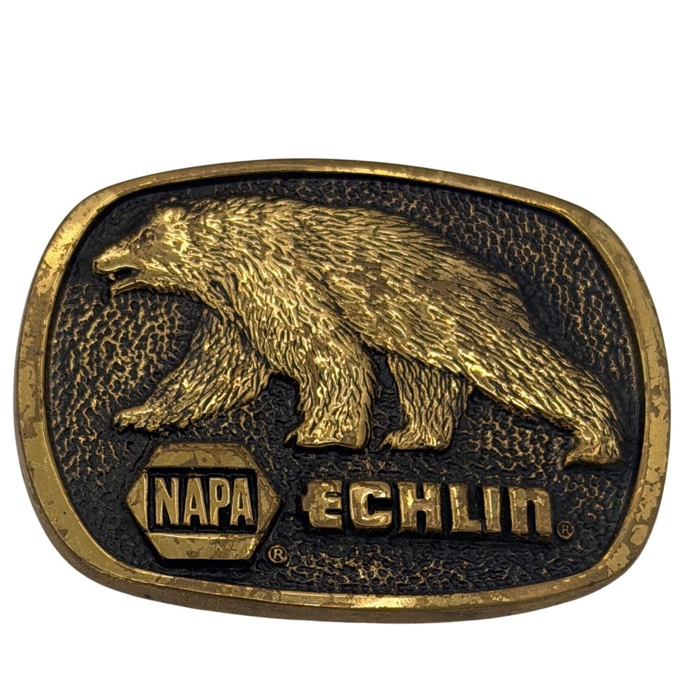 Vintage NAPA Echlin Belt Buckle Solid Brass Grizzly Bear BTS Made in USA Gold